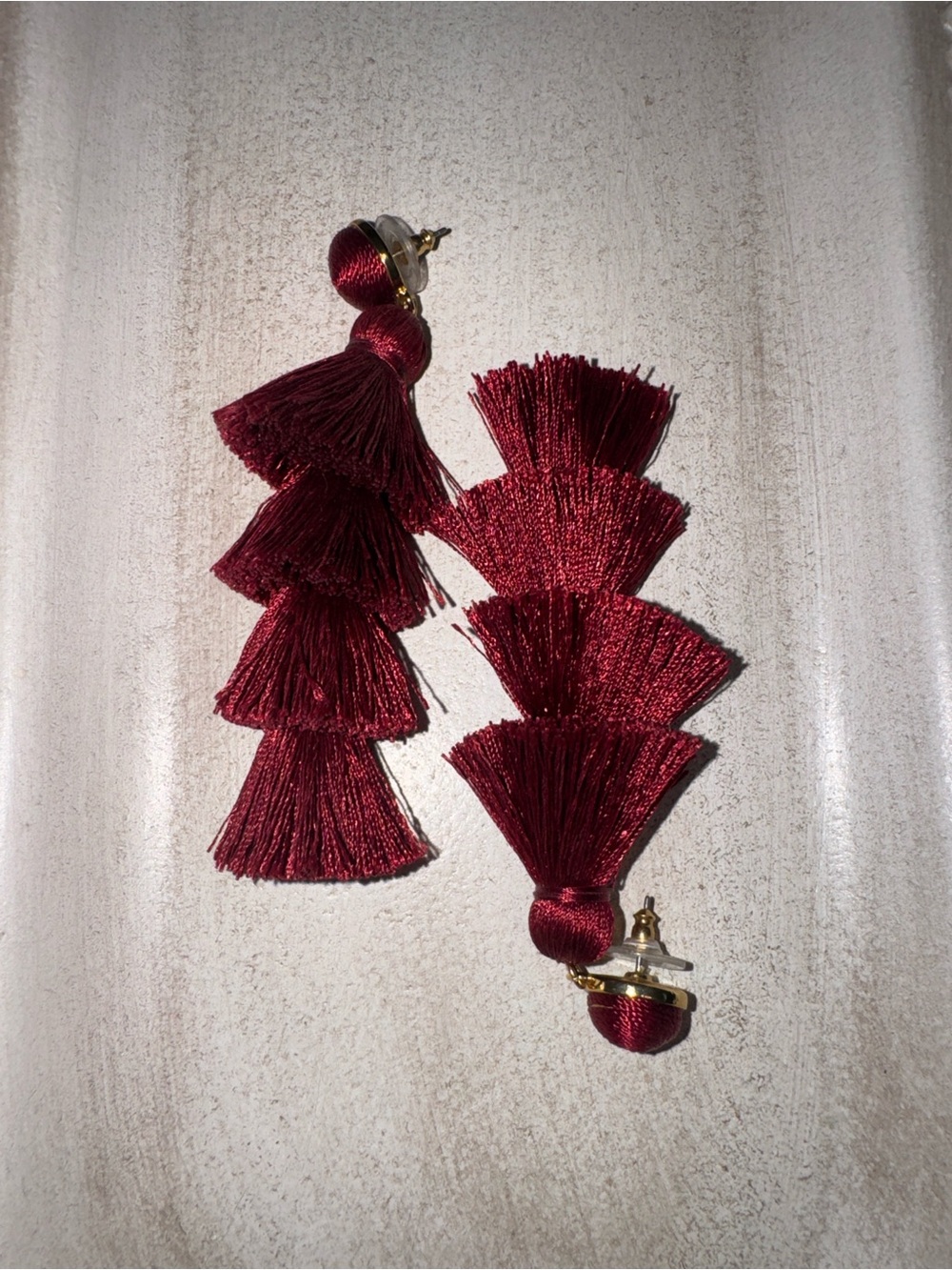 BaubleBar Wine Red Tiered Tassel Drop Earrings with Gold Studs